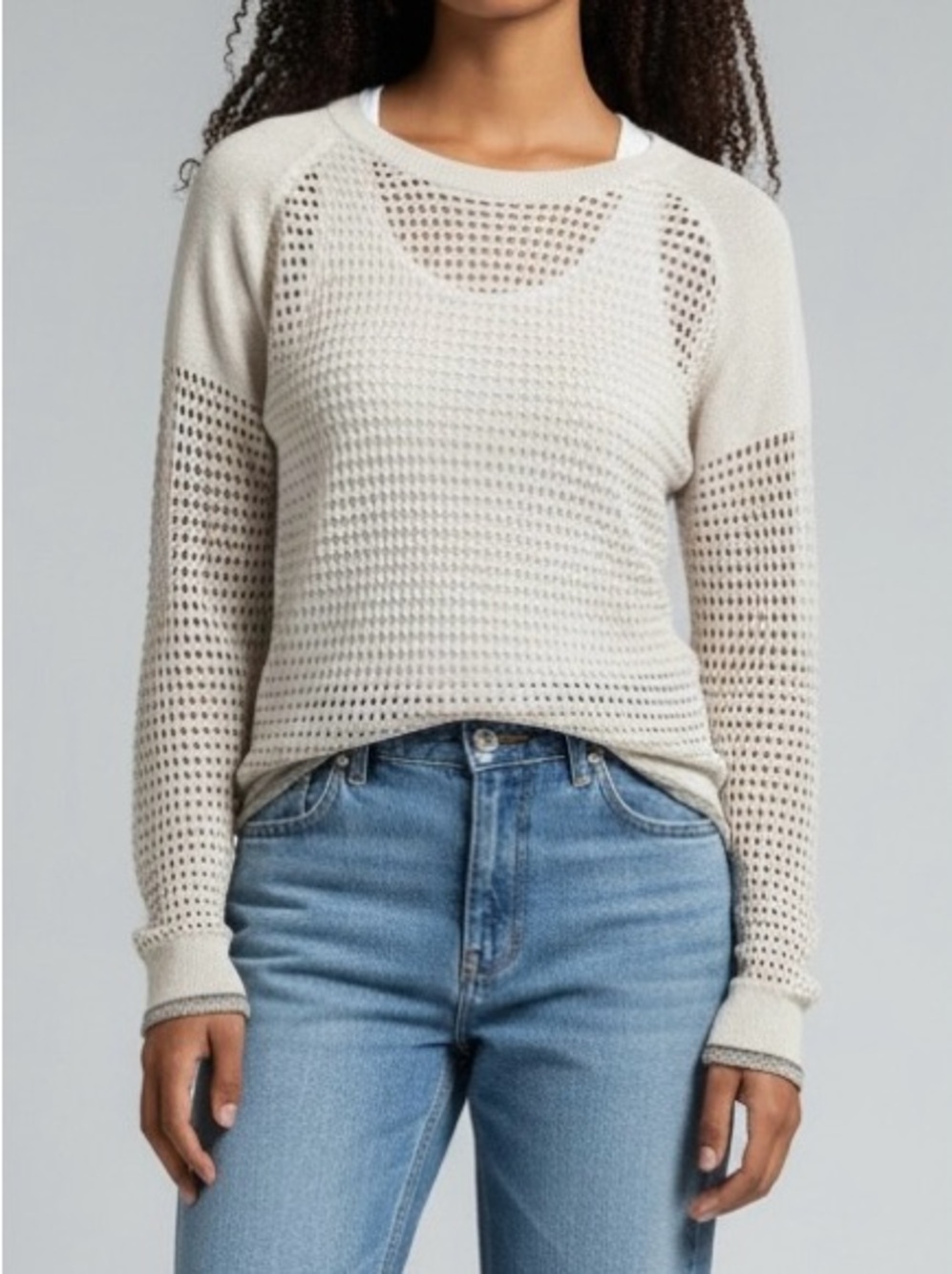 Express Open-Weave Crewneck Sweater in Cream